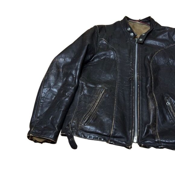 Vintage 60s Schott NYC Leather Cafe Racer Jacket Brown Distressed Size 42 - Picture 2 of 16